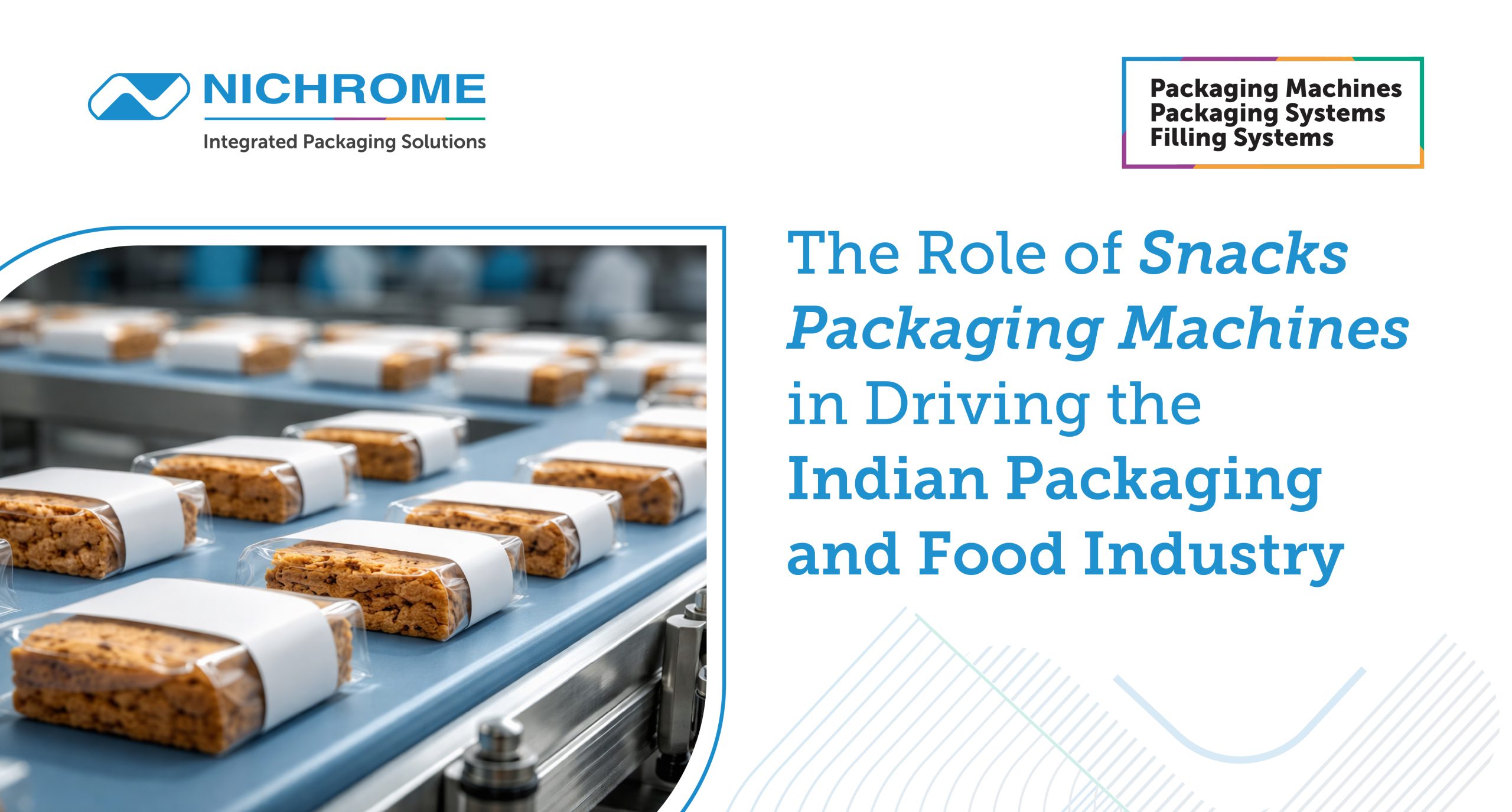 Automated conveyor line packaging snack bars in flow wrap packs on an industrial food processing and packaging machine.