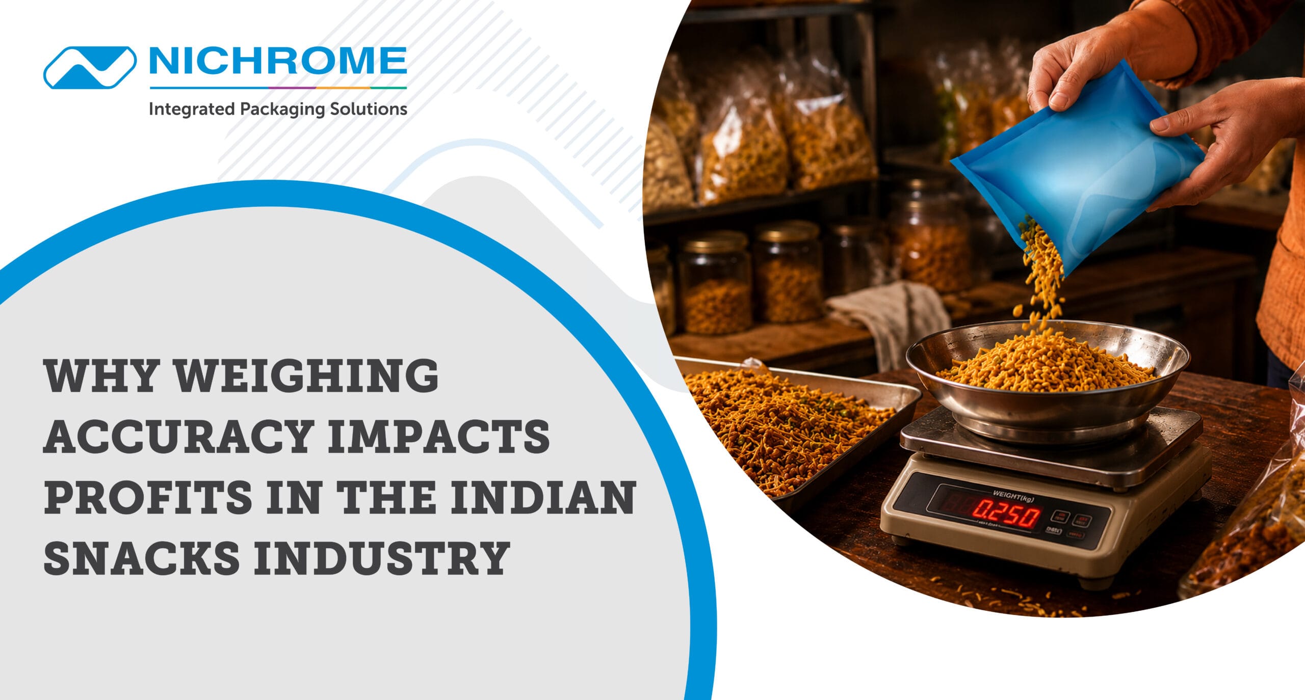 Worker packaging Indian snack mixture using a weighing scale for accurate food packaging and profit optimisation