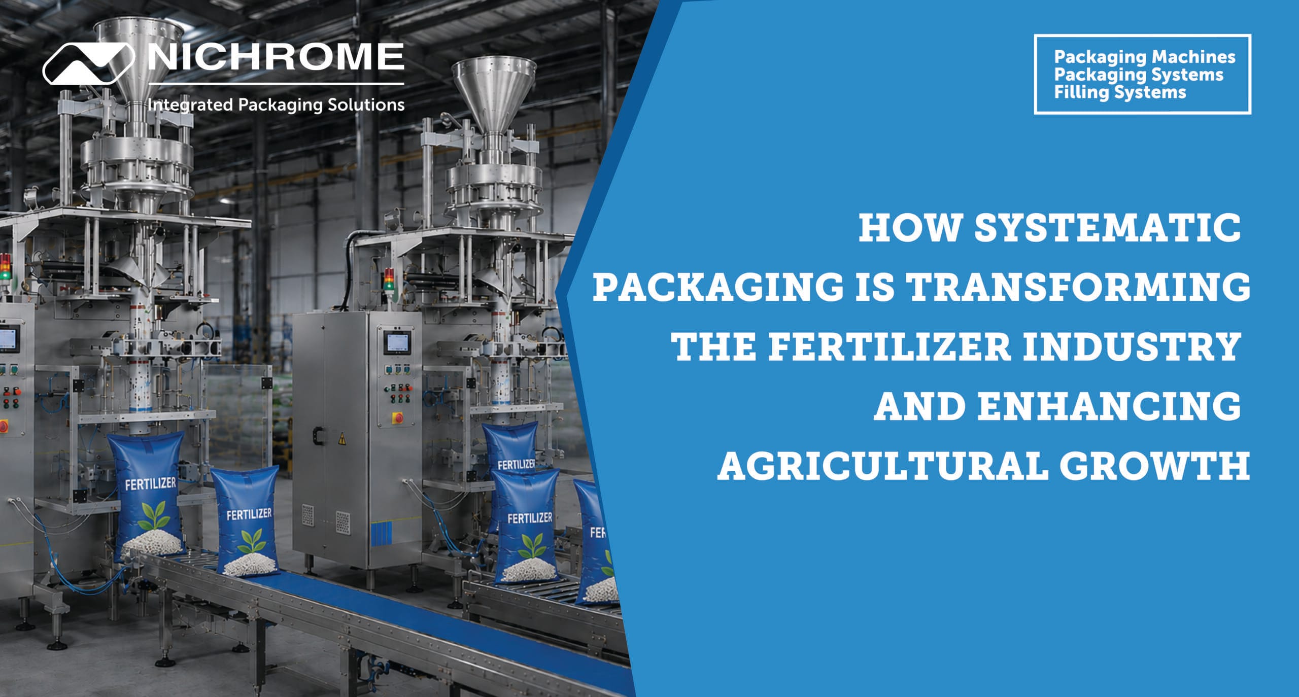 Automated fertilizer packaging machine filling and sealing fertilizer bags, showcasing systematic packaging solutions for the agricultural industry.