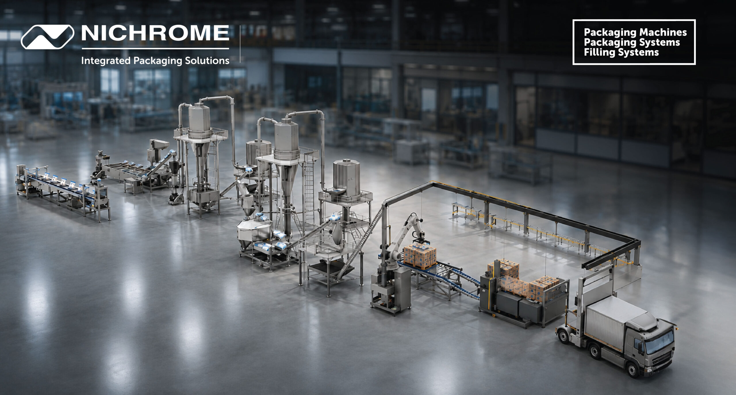 End-of-line packaging automation system with conveyor and robotic palletizing