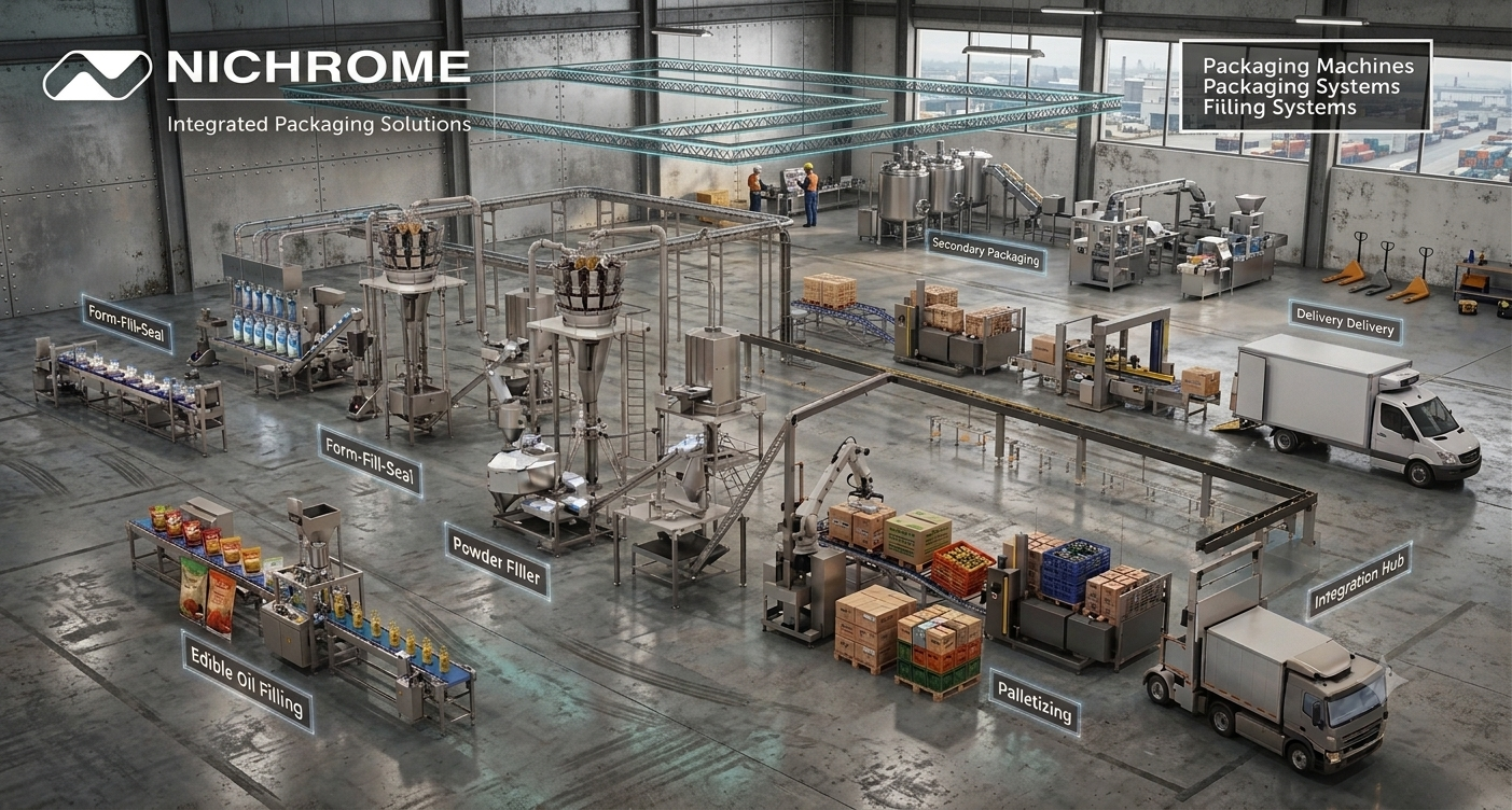 Nichrome integrated packaging automation systems with filling, form-fill-seal, powder filling, palletizing and secondary packaging equipment