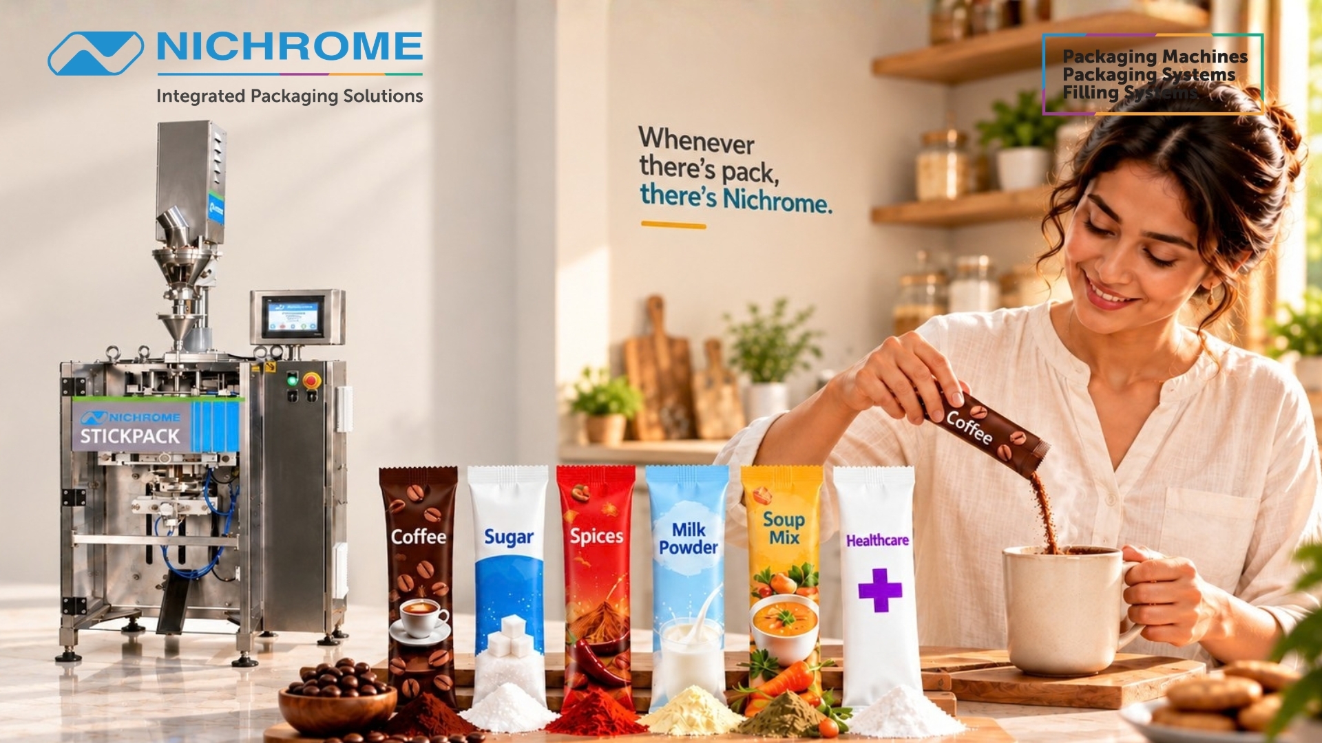 Nichrome stick pack machine for coffee, sugar, spices and powder packaging